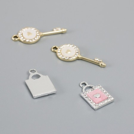 Decor for creativity metal, rhinestones "Key and lock lock" set 2 pcs 2.2x1.2 cm-2