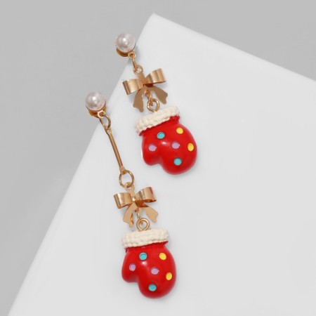 Earrings "mittens" hanging, red-white color in gold-1