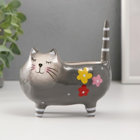 Souvenir Ceramics stand "Gray well -fed cat with colors" 11.2x7.6x11.8 cm