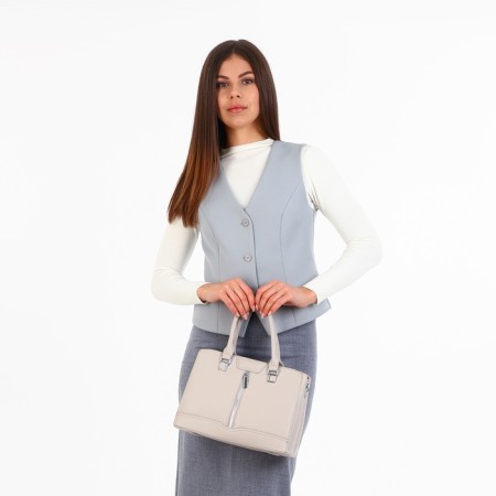 Bag Tout with zipper, external pocket, long belt, beige color-9
