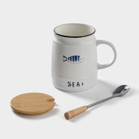 Ceramic mug with a wooden lid and spoon "Sea", 400 ml, Mix drawing-5
