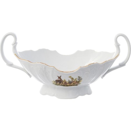 A dish on a cake leg with 2 bernadotte handles, decor "Hunting Stories", 27 cm-1