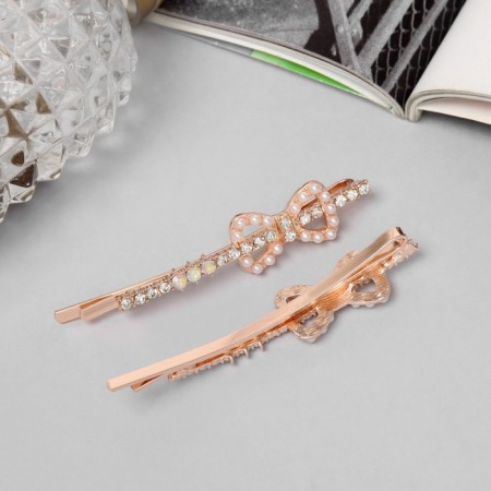 Invisible hair "Gloria" (set 2 pcs) bow, 6 cm, pink gold-1