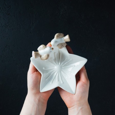 Ceramic serving dish "Doves on a flower", 14 × 13.5 × 4 cm, white color-9