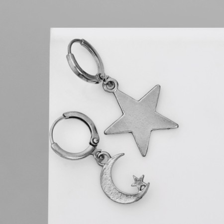 Earrings "Night" crescent and stars, color black silver-1