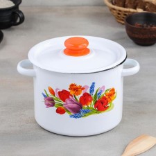 Cylindrical pan “Tulip May”, 3.5 l, enameled cover, with a button, induction, white color