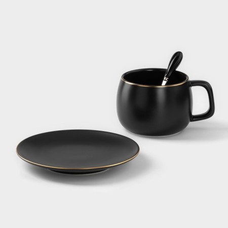 Tea couple ceramic with a spoon "Mati", 2 items: a cup 280 ml, a saucer d = 13.5 cm, black color-2