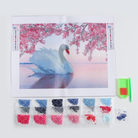 Diamond mosaic with a partial filling on the canvas "White Swan", 30 x 40 cm-2