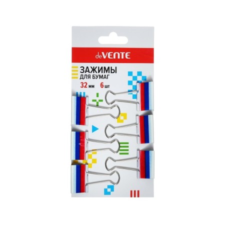 Papers clips 32mm, 6 pieces, tricolor, Devente, metal, tricolor, cardboard box-1