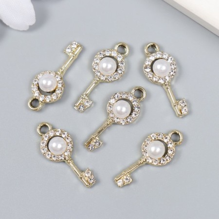 Decor for creativity metal, rhinestones "Key with pearls" gold 0.9x2.2 cm-2
