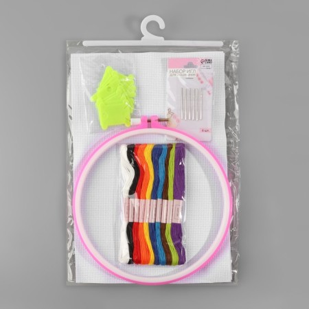 Cross -embroidery set: canvas without a pattern 30 × 20 cm, threads 10 pcs, hoop d = 18 cm, needles 6 pcs, bobbins 10 pcs, color mix-9