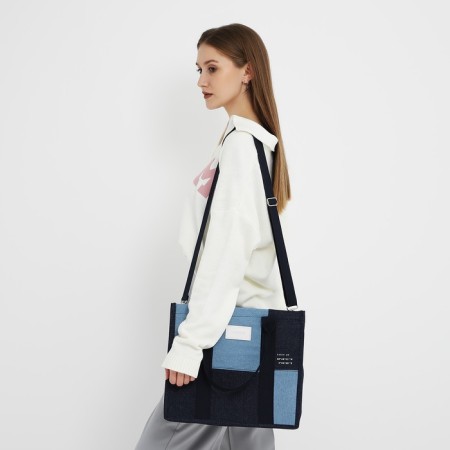 Bag Women's Shoper without fastening, lining, long belt, blue color-9