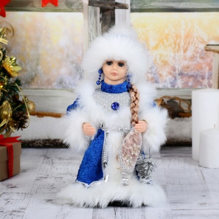 Snow Maiden "chic" in a blue fur coat with earrings, moves, 29 cm