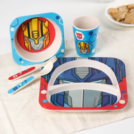 A set of children's bamboo dishes, 5 objects: plate, fork, spoon, glass, bowl, transformers-1