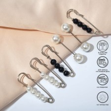 A set of pins (6 pcs.) “Pearls”, 3.5 cm, black and white color in silver