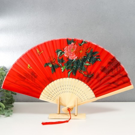 Fan Bamboo, Textile H = 23 cm "Ventka with roses" red, with a brush