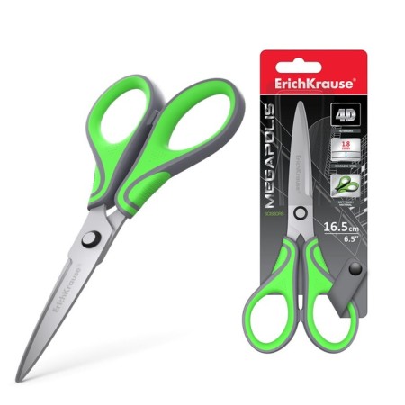 Scissors Erichkrause Megapolis, 16.5 cm, with improved 4D swoops, do not rust, handles with rubber inserts, in the blist