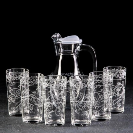A set of drinking with an engraving “Flora”, 7 objects: Capherine 1 liter, glasses 230 ml, 6 pcs