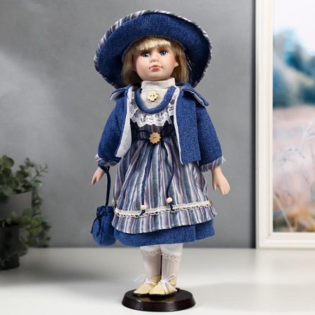 Doll Collectible Ceramics "Stasya in a blue striped dress and blue jacket" 40 cm