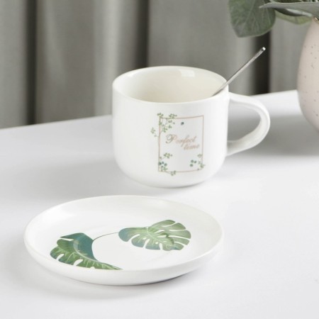Ceramic tea set with a spoon "Botany", 2 items: a cup 200 ml, saucer, color mix-1