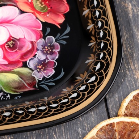 Zhostovsky tray "bouquet", black, author’s painting, 24x20 cm-1