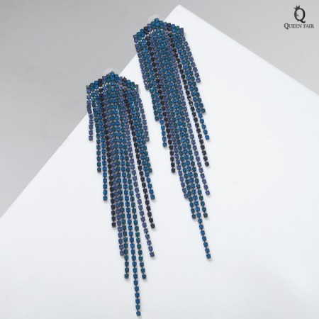 Hanging earrings with rhinestones "Waterfall" City, Blue color in gray metal, 13 cm-1