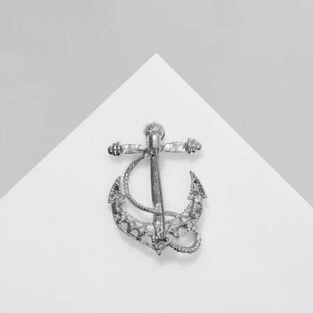 Brooch "Anchor" with beads, white color in silver-2