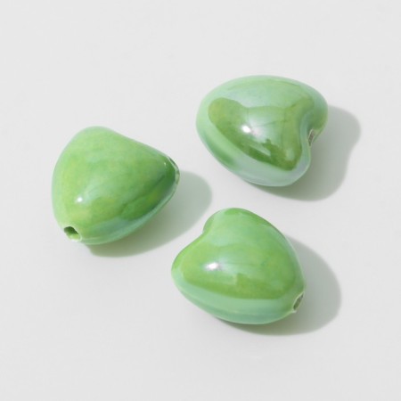 Ceramic beads “heart” 12 mm, (set of 3 pcs.), Green color-1