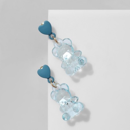 Earrings plastic "bears" with hearts, blue color in silver-2