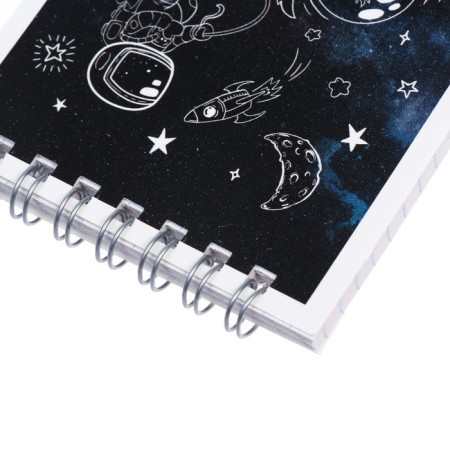 Notepad A7, 40 sheets, in a cage, on a crest, "Cosmos", cover coated cardboard, selective twin-lak, offset 65, 6B, mix-1