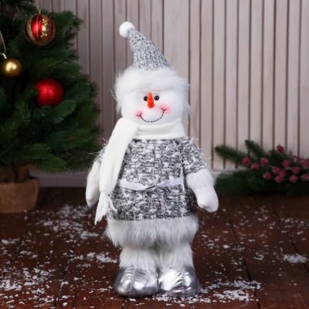 Soft toy "Snowman in the cap and scarf, long legs" stands, white-gray-1