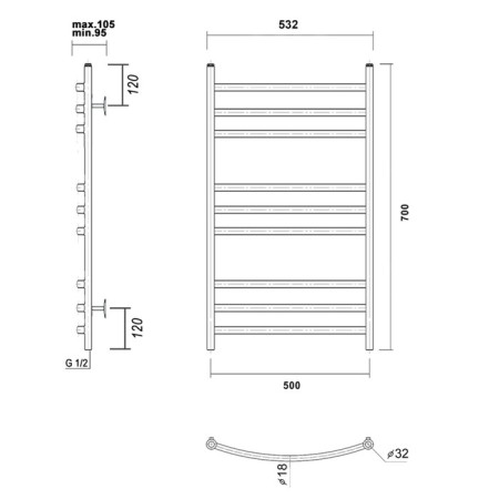Domoterm water heated towel rail "Calipso" P9, 500x700 mm, white-2