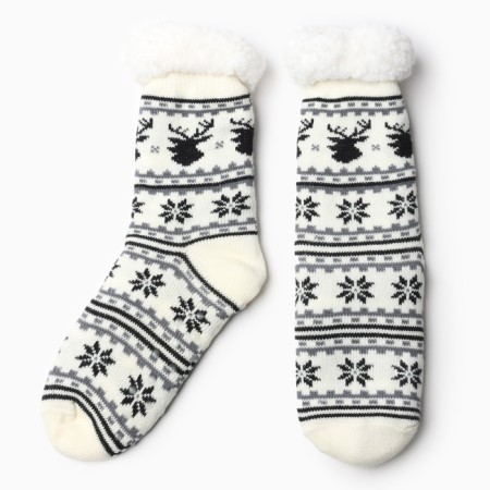 Women's socks with fur inside "Snowflakes with a deer", white color, size 36-40