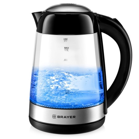 Electric kettle Brayer BR1012BK, glass, 1.7 l, 2200 watts, black-silver