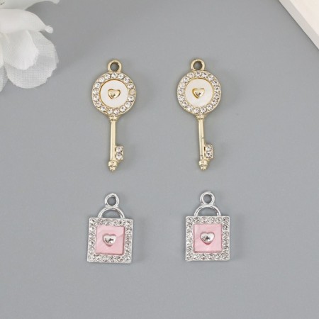 Decor for creativity metal, rhinestones "Key and lock lock" set 2 pcs 2.2x1.2 cm