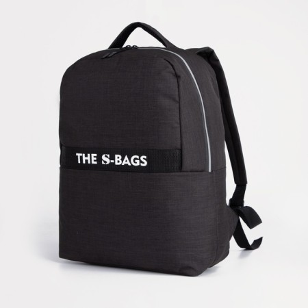 A backpack with a zipper, "saxi", a laptop department, black color