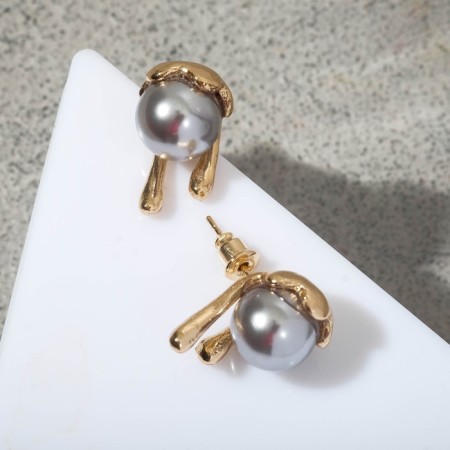 Earrings with pearls "melting", gray color in gold-1