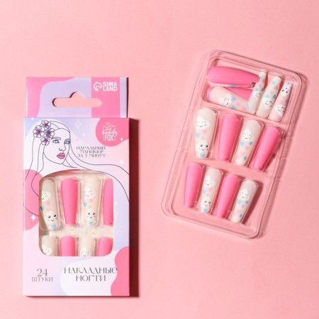 Pink Dream Frinding Nails, 24 pcs, adhesive plates, ballerina shape, pink/beige/white color-2