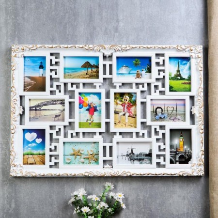 Photo frame plastic in 12 photos 10x15 cm "Labyrinth" White with a golden pattern 56.5x75.5 cm