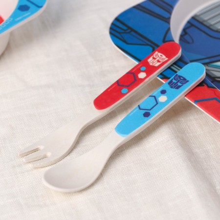 A set of children's bamboo dishes, 5 objects: plate, fork, spoon, glass, bowl, transformers-6