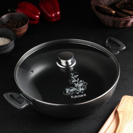 Steel "Tradition", D = 30 cm, glass cover, removable handles, anti -stick coating, black color