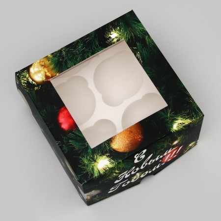 Packaging for 4 cupcakes with a window "Happy Christmas", 16 x 16 x 10 cm-3