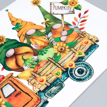 Sticking plastic interior color "Dwarf in a truck with pumpkins" 39x56 cm-2
