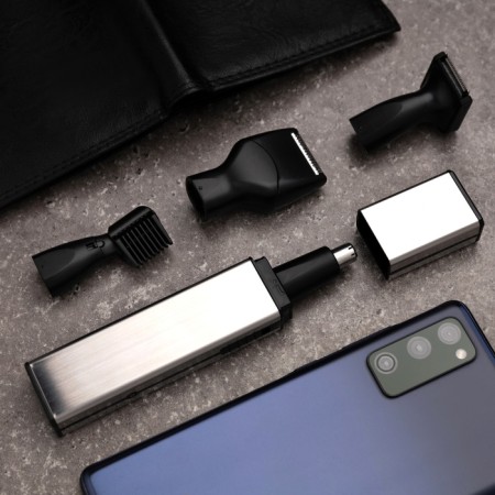Luazon Ltri-17 hair trimmer, for mustaches/nose/beards, 4 nozzles, batteries, silver