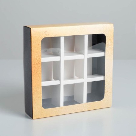 Box for sweets, confectionery packaging, 9 cells, Gold 14.5 x 14.5 x 3.5 cm