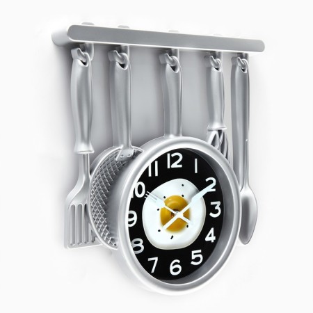 Wall clock, series: kitchen, "kitchen utensils", 32 x 34 cm, silver-1