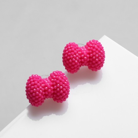 Earrings Plastic "Caramel" bow, bright pink color
