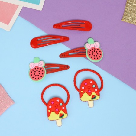 Shirley hair set (2 elastic bands 5 cm, 4 invisibility 5.5 cm) ice cream, red-1