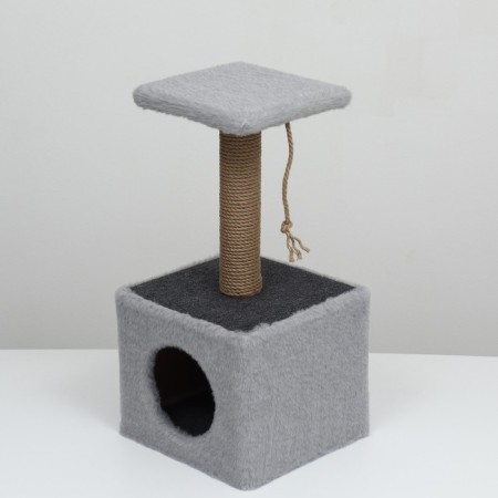 Animal house, with a clawe and shelf, jute, 32 x 32 x 64 cm, gray-7