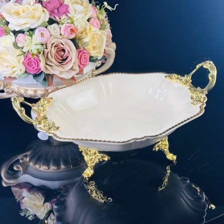 Deep dish with lenardi handles, on legs, porcelain, d = 35.5 cm